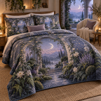 Moon Garden Quiet Corner Quilted Bedding Set with flat printed optical 3D tranquil garden in lavender moss silver cream and misty blue