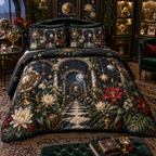 Collector Celestial Garden Quilted Bedding Set with flat printed optical 3D museum garden in obsidian emerald ruby pearl and aged gold