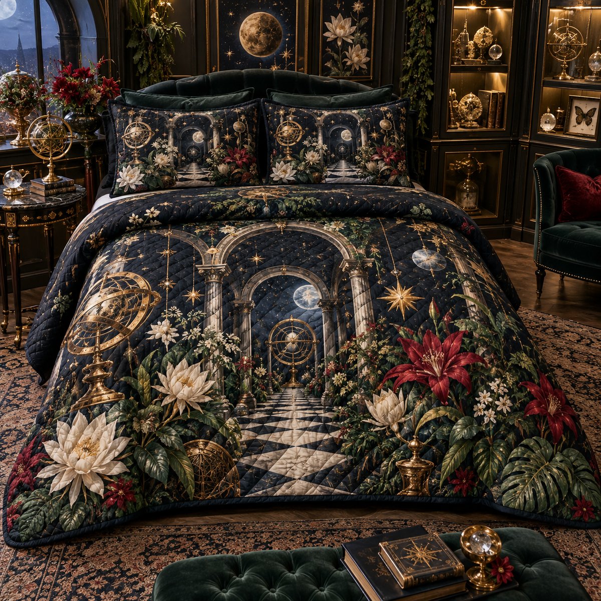Collector Celestial Garden Quilted Bedding Set with flat printed optical 3D museum garden in obsidian emerald ruby pearl and aged gold