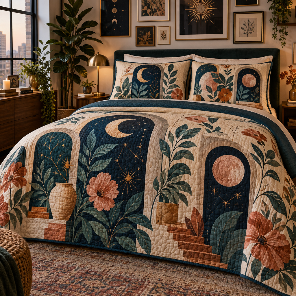 Celestial Gallery Apartment Quilted Bedding Set with flat printed optical 3D gallery garden in ink blue teal terracotta blush and ochre