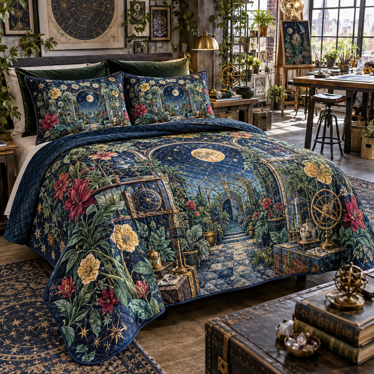 Celestial Garden Hobby Studio Quilted Bedding Set with flat printed optical 3D creative atelier in indigo jade raspberry marigold and brass