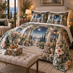 Celestial Garden Host Gift Quilted Bedding Set with flat printed optical 3D welcoming veranda in sapphire eucalyptus apricot pearl and copper