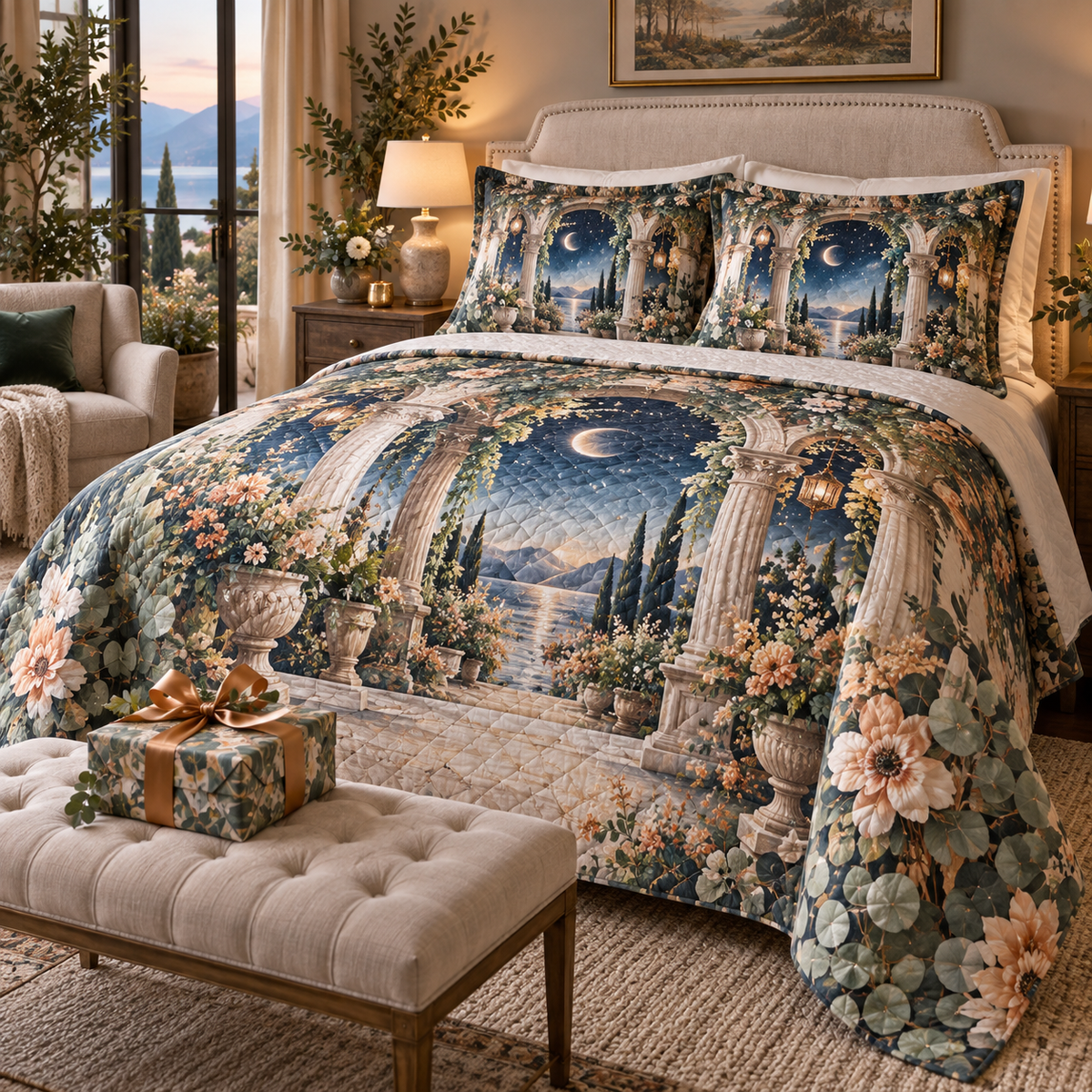 Celestial Garden Host Gift Quilted Bedding Set with flat printed optical 3D welcoming veranda in sapphire eucalyptus apricot pearl and copper