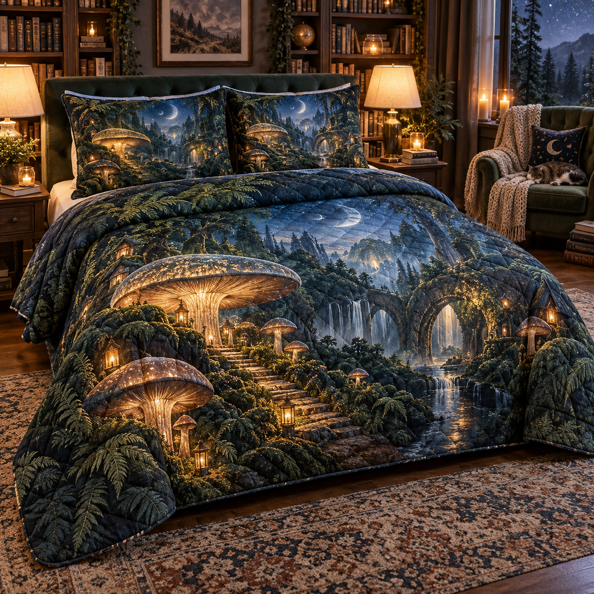 Celestial Mushroom Reading Nook Quilted Bedding Set with flat printed optical 3D mushroom forest in sapphire moss amber and pearl