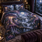 Celestial Mushroom Bedroom Quilted Bedding Set with flat printed optical 3D mushroom forest in amethyst midnight teal orchid silver and gold