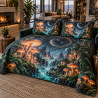 Celestial Mushroom Living Room Quilted Bedding Set with flat printed optical 3D mushroom forest in coral emerald obsidian cyan and bronze