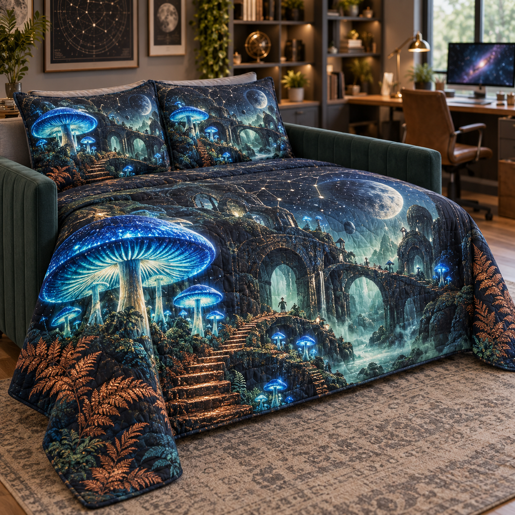Celestial Mushroom Office Quilted Bedding Set with flat printed optical 3D mushroom archive in blue copper charcoal jade and ivory