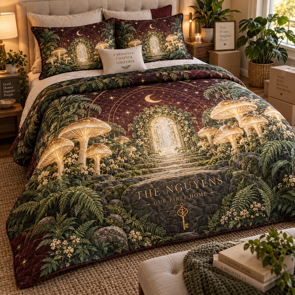 Personalized Celestial Mushroom Quilted Bedding Set showing The Nguyens within flat printed optical 3D mushroom forest in champagne green burgundy ivory and gold