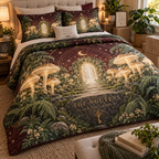 Personalized Celestial Mushroom Quilted Bedding Set showing The Nguyens within flat printed optical 3D mushroom forest in champagne green burgundy ivory and gold