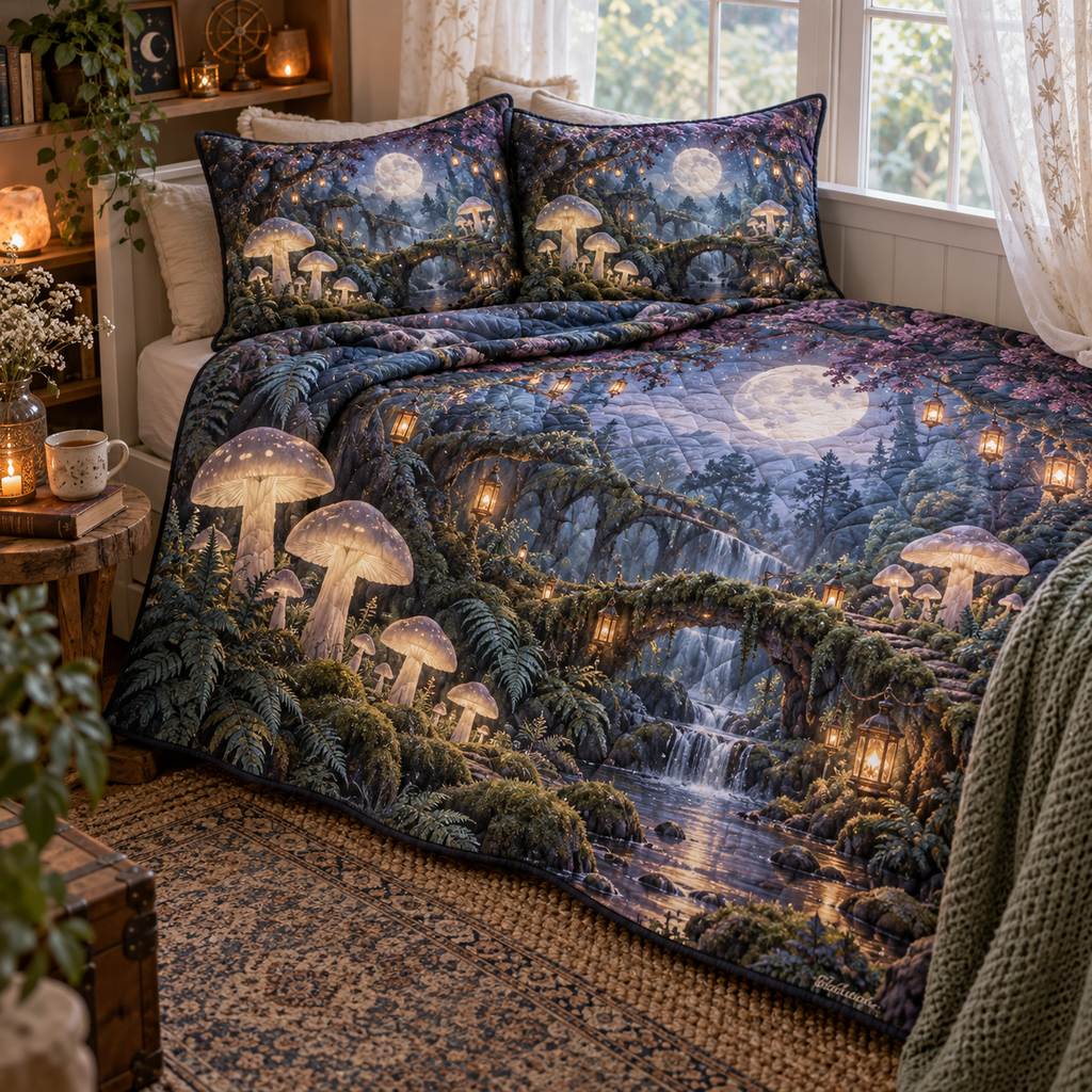 Celestial Mushroom Nook Quilted Bedding Set with flat printed optical 3D mushroom sanctuary in moonstone blue sage plum and amber