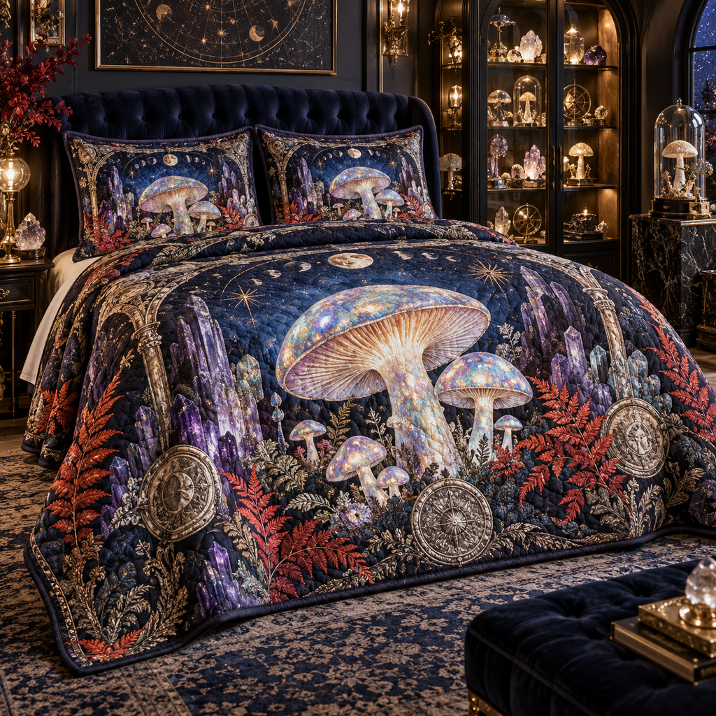 Celestial Mushroom Collector Quilted Bedding Set with flat printed optical 3D opal mushroom collection in ultramarine vermilion violet and platinum