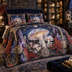 Celestial Mushroom Collector Quilted Bedding Set with flat printed optical 3D opal mushroom collection in ultramarine vermilion violet and platinum