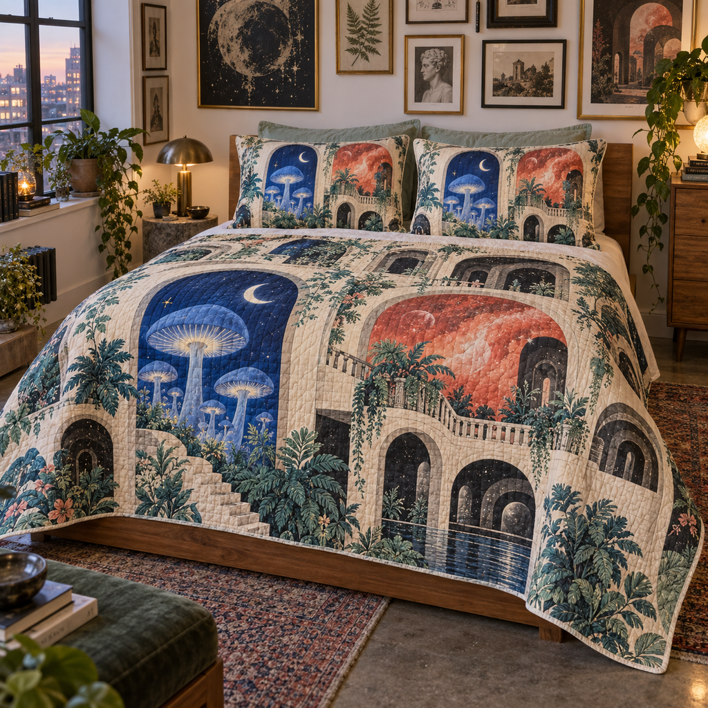 Celestial Mushroom Apartment Quilted Bedding Set with flat printed optical 3D mushroom gallery in cobalt coral mint cream and graphite