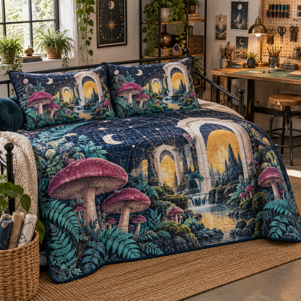 Celestial Mushroom Studio Quilted Bedding Set with flat printed optical 3D maker studio in magenta turquoise navy saffron and white