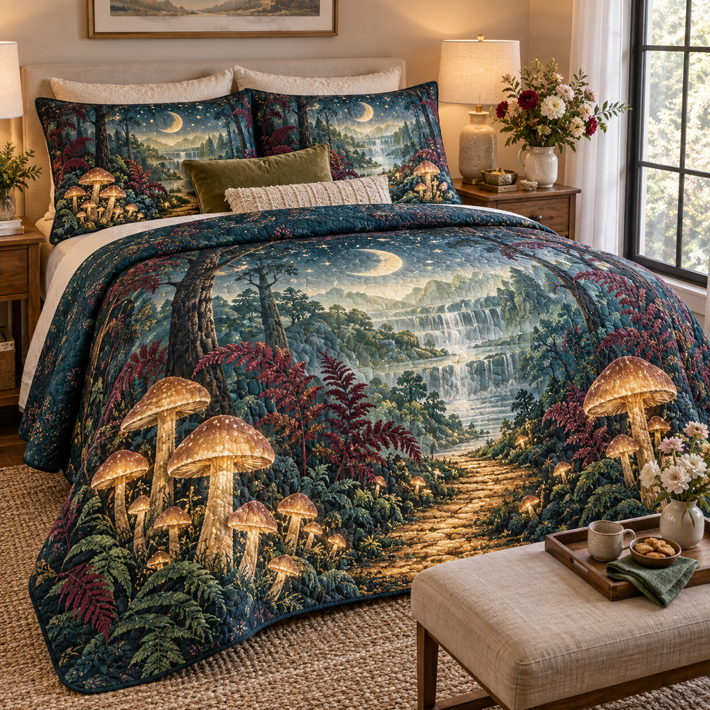 Celestial Mushroom Host Gift Quilted Bedding Set with flat printed optical 3D welcome path in honey gold peacock garnet celadon and pearl