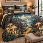 Celestial Mushroom Host Gift Quilted Bedding Set with flat printed optical 3D welcome path in honey gold peacock garnet celadon and pearl