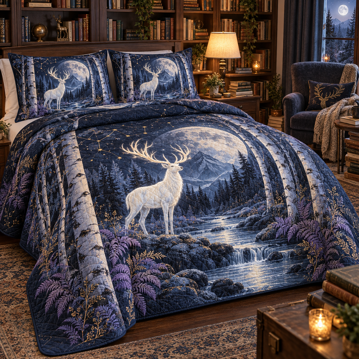 Moonlit White Stag Quilted Bedding Set with flat printed optical 3D white stag forest in midnight blue silver frost blue violet and gold