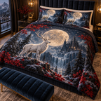 Moonlit White Stag Bedroom Quilted Bedding Set with flat printed optical 3D white stag forest in obsidian pearl sapphire ruby and champagne