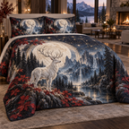 Moonlit White Stag Living Room Quilted Bedding Set with flat printed optical 3D white stag forest in obsidian sapphire garnet pearl and champagne