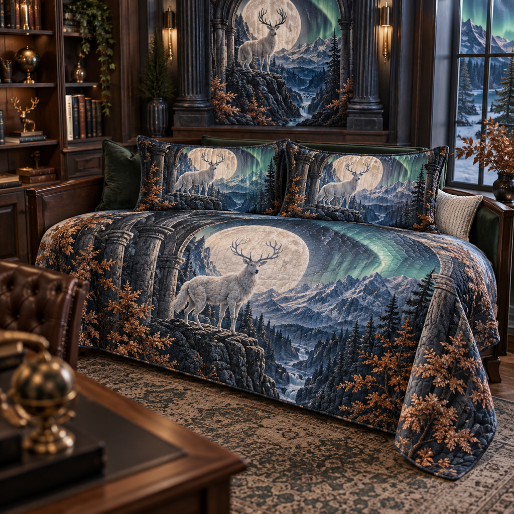 Moonlit White Stag Home Office Quilted Bedding Set with flat printed optical 3D stag scene in charcoal moonstone cobalt copper and pine green