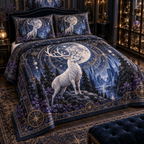 Moonlit White Stag Collector Quilted Bedding Set with flat printed optical 3D stag astrolabe scene in ebony silver ultramarine amethyst and bronze