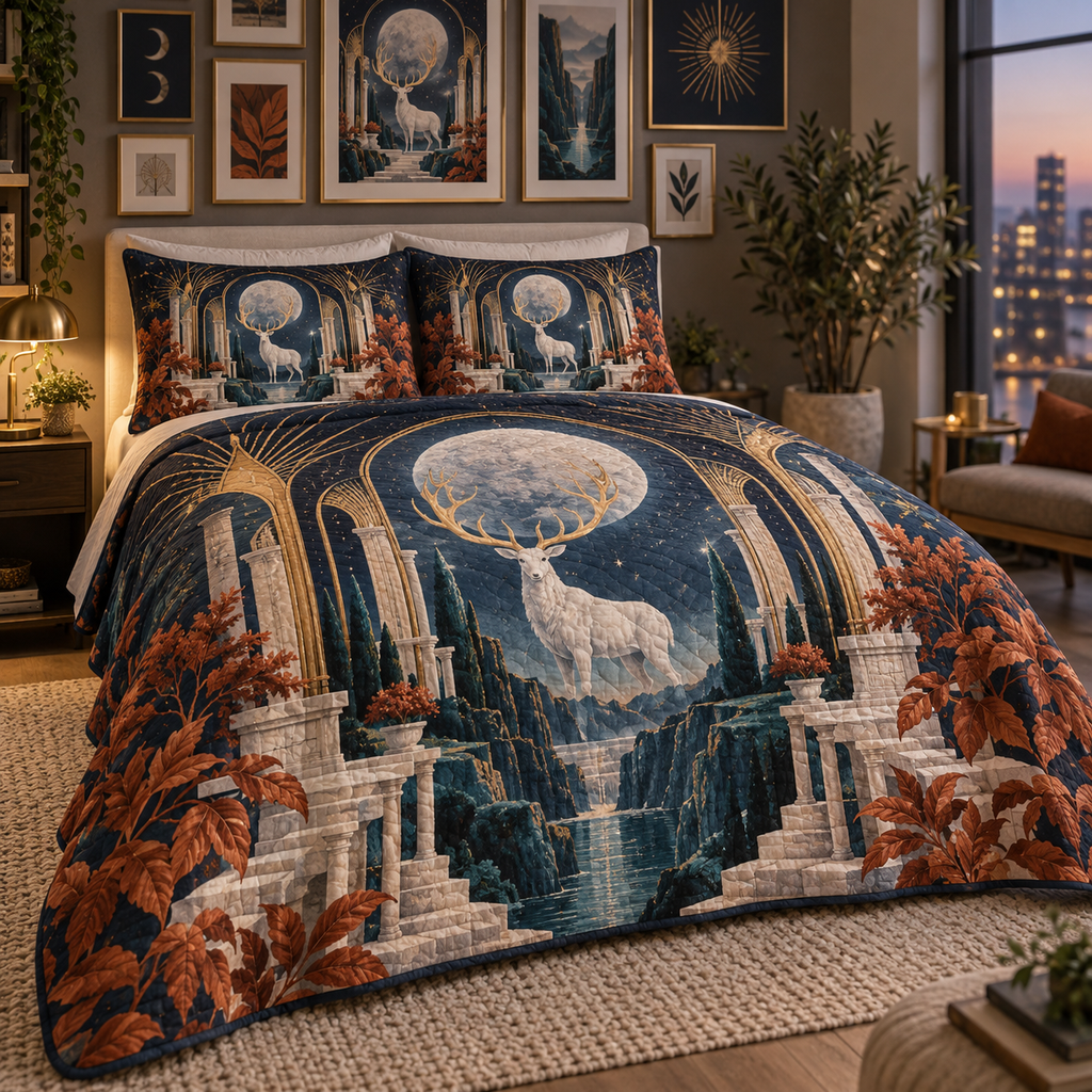 Moonlit White Stag Gallery Wall Quilted Bedding Set with flat printed optical 3D Art Deco stag scene in midnight navy alabaster teal terracotta and brass