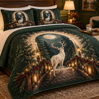 Moonlit White Stag Host Gift Quilted Bedding Set with flat printed optical 3D welcoming stag scene in forest green cream cranberry walnut and candle gold