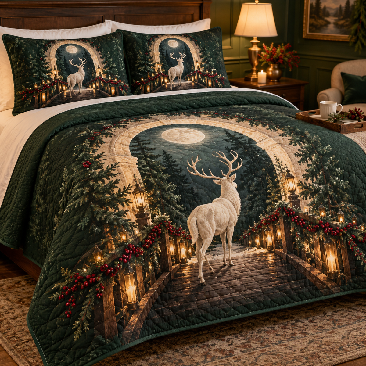 Moonlit White Stag Host Gift Quilted Bedding Set with flat printed optical 3D welcoming stag scene in forest green cream cranberry walnut and candle gold