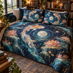 Celestial Koi Reading Nook Quilted Bedding Set with flat printed optical 3D koi moon pool in deep indigo pearl white coral turquoise and gold