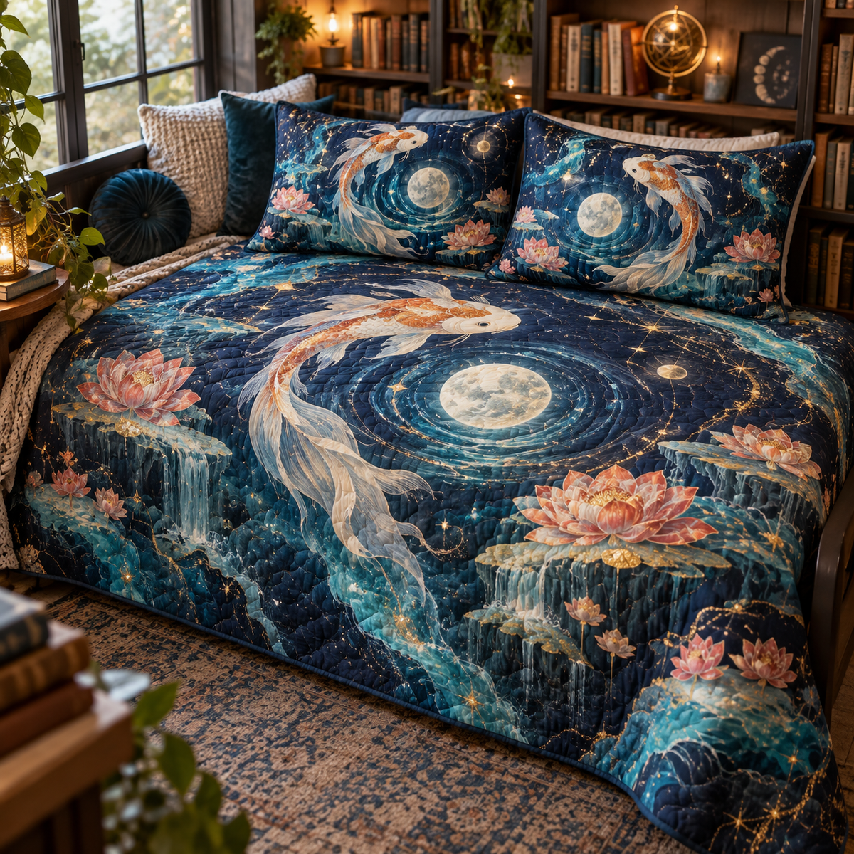 Celestial Koi Reading Nook Quilted Bedding Set with flat printed optical 3D koi moon pool in deep indigo pearl white coral turquoise and gold