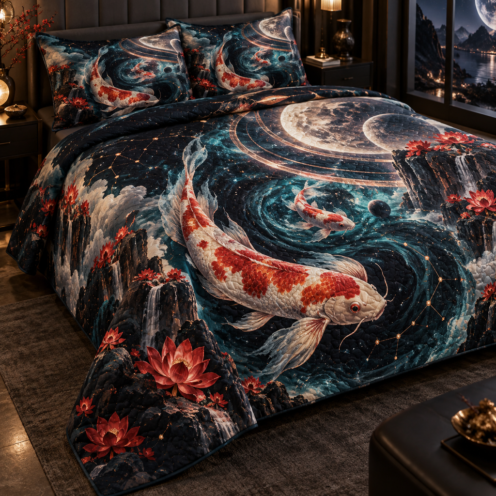 Celestial Koi Bedroom Quilted Bedding Set with flat printed optical 3D koi abyss in black sapphire opal vermilion aqua and rose gold