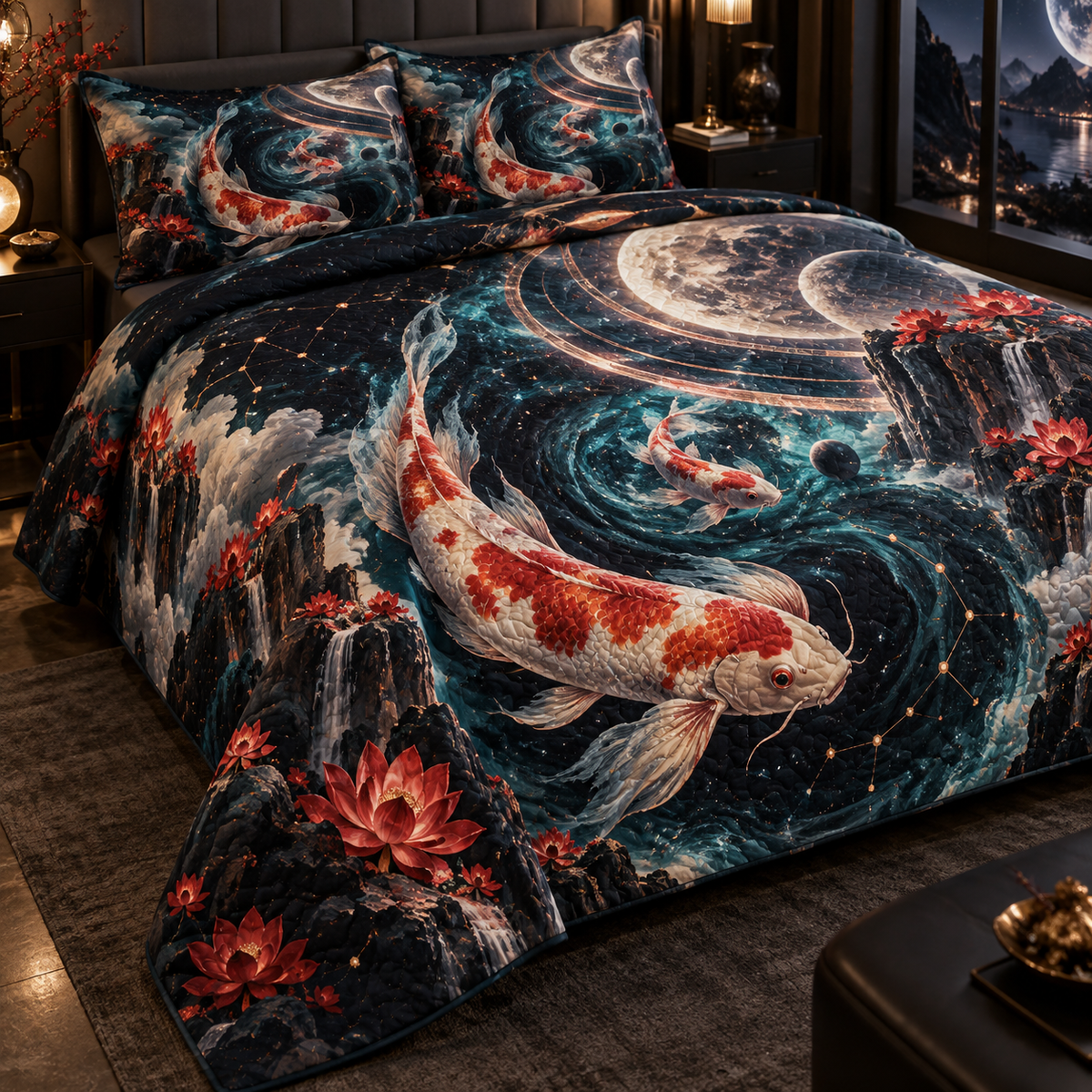 Celestial Koi Bedroom Quilted Bedding Set with flat printed optical 3D koi abyss in black sapphire opal vermilion aqua and rose gold