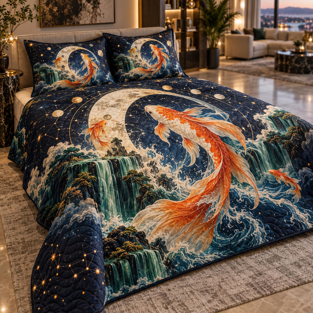 Celestial Koi Living Room Quilted Bedding Set with flat printed optical 3D koi portal in navy ivory emerald orange and champagne