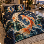 Celestial Koi Living Room Quilted Bedding Set with flat printed optical 3D koi portal in navy ivory emerald orange and champagne