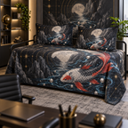 Celestial Koi Home Office Quilted Bedding Set with flat printed optical 3D koi corridor in graphite pearl electric blue cinnabar and brass