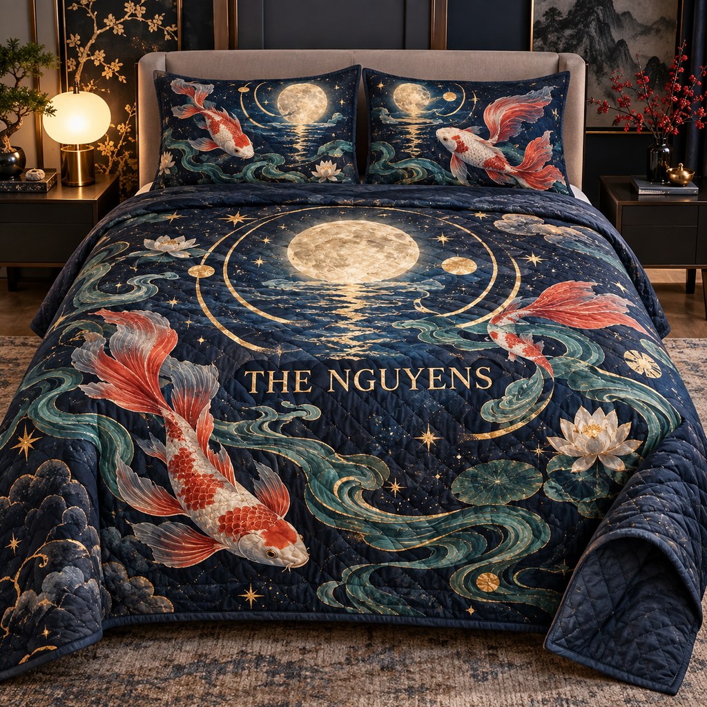 Personalized Celestial Koi Quilted Bedding Set showing The Nguyens within flat printed optical 3D koi pool in midnight blue pearl coral red jade and gold