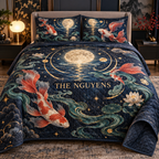 Personalized Celestial Koi Quilted Bedding Set showing The Nguyens within flat printed optical 3D koi pool in midnight blue pearl coral red jade and gold