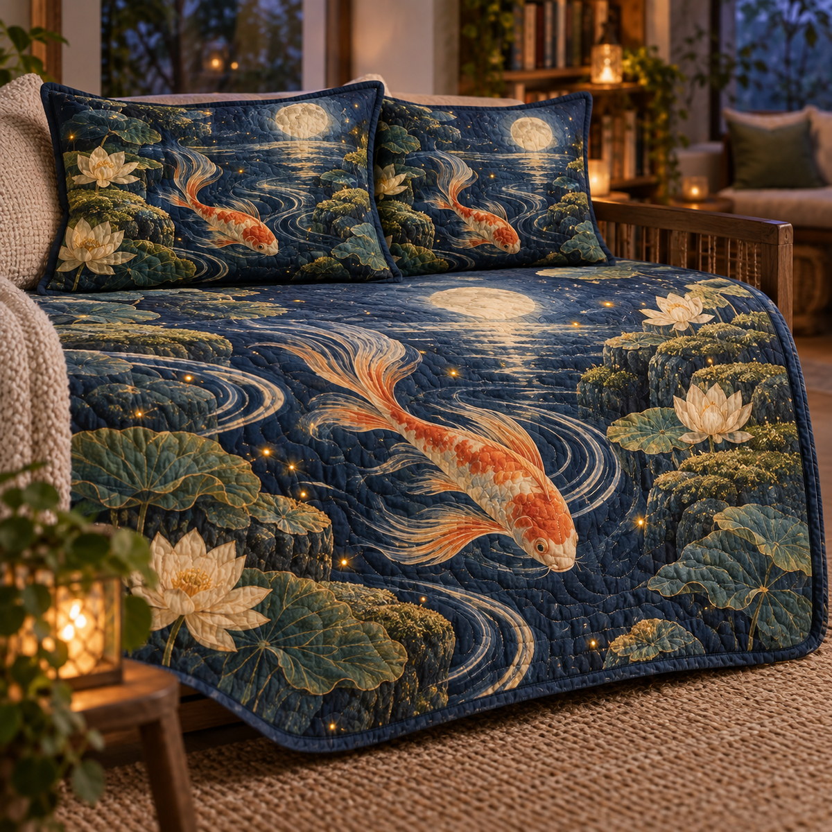 Celestial Koi Quiet Corner Quilted Bedding Set with flat printed optical 3D koi pond in twilight blue cream moss tangerine and soft gold