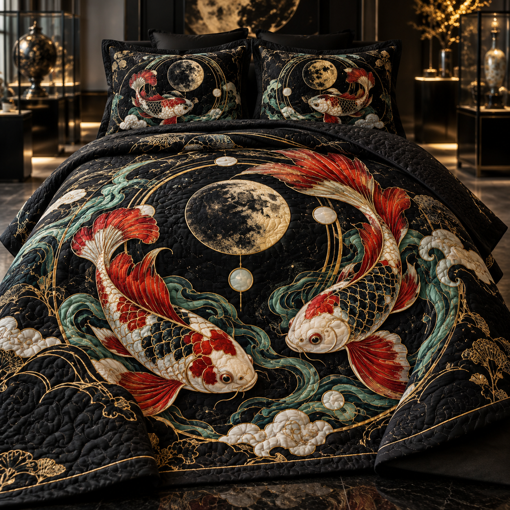 Celestial Koi Collector Quilted Bedding Set with flat printed optical 3D cloisonne koi in lacquer black porcelain vermilion jade and gold