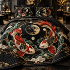Celestial Koi Collector Quilted Bedding Set with flat printed optical 3D cloisonne koi in lacquer black porcelain vermilion jade and gold