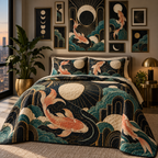 Celestial Koi Gallery Wall Quilted Bedding Set with flat printed optical 3D Art Deco koi in ink ivory salmon teal and brass
