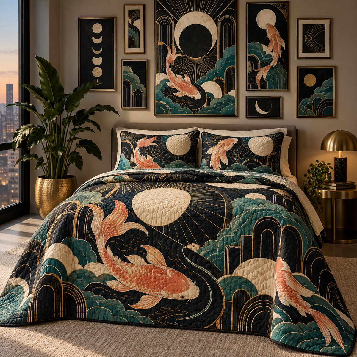 Celestial Koi Gallery Wall Quilted Bedding Set with flat printed optical 3D Art Deco koi in ink ivory salmon teal and brass
