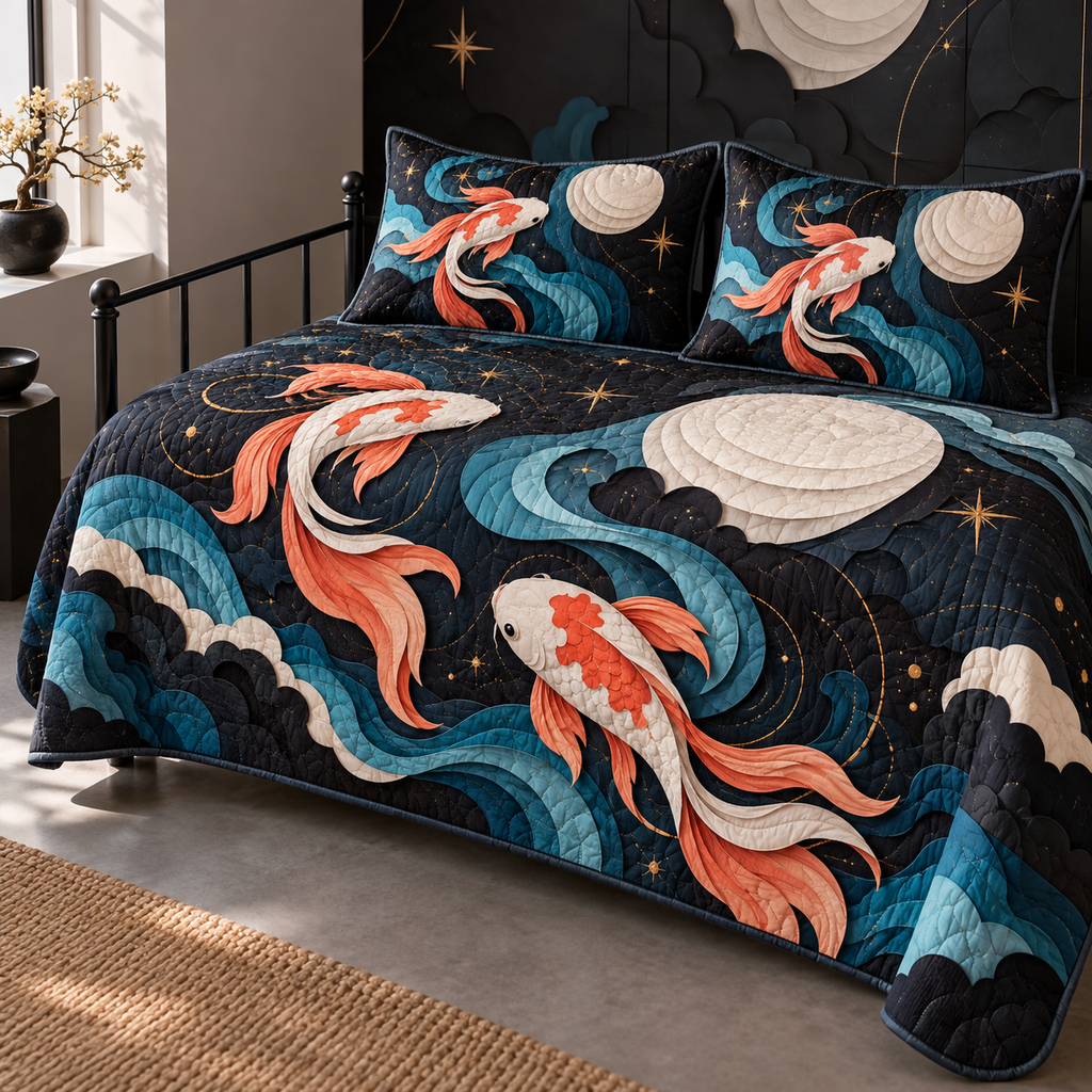 Celestial Koi Studio Quilted Bedding Set with flat printed optical 3D paper cut koi in black white cyan coral and yellow