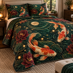 Celestial Koi Host Gift Quilted Bedding Set with flat printed optical 3D koi pond in deep green cream orange garnet and gold