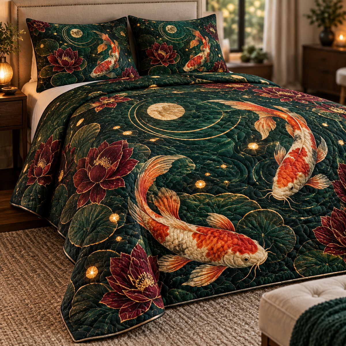 Celestial Koi Host Gift Quilted Bedding Set with flat printed optical 3D koi pond in deep green cream orange garnet and gold