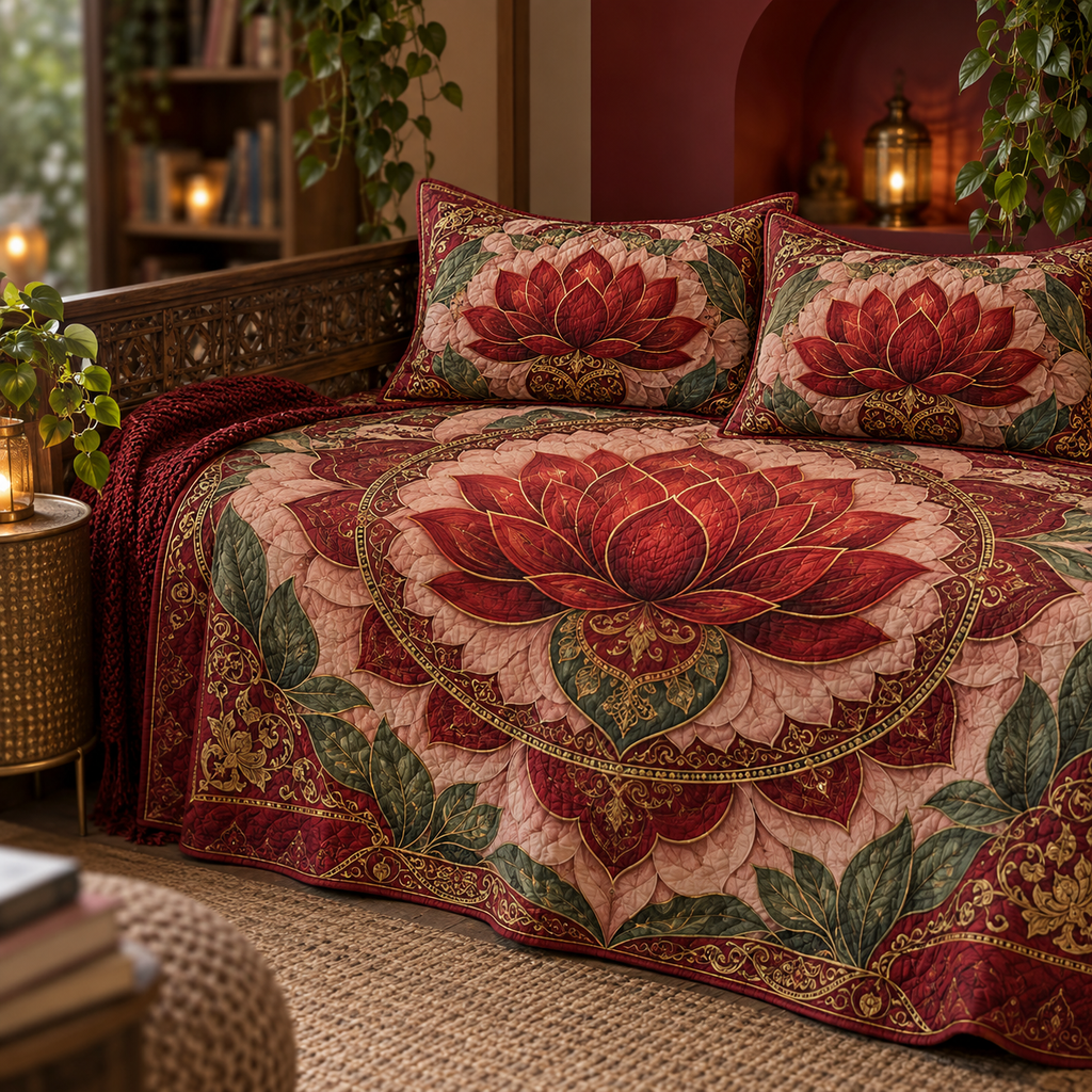 Red Lotus Mandala Reading Nook Quilted Bedding Set with flat printed optical 3D lotus mandala in crimson burgundy blush sage and antique gold