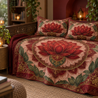 Red Lotus Mandala Reading Nook Quilted Bedding Set with flat printed optical 3D lotus mandala in crimson burgundy blush sage and antique gold