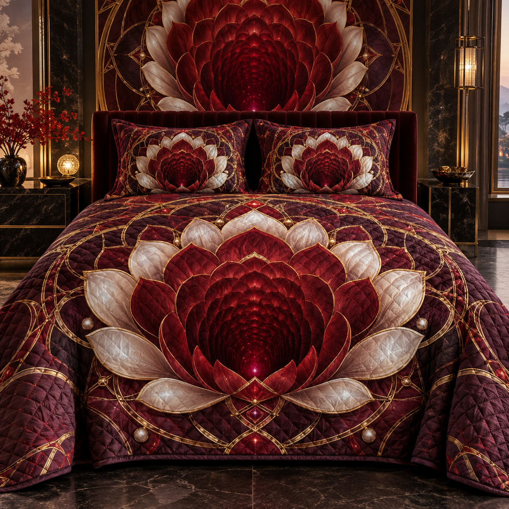 Red Lotus Mandala Bedroom Quilted Bedding Set with flat printed optical 3D lotus mandala in oxblood ruby pearl plum and gold