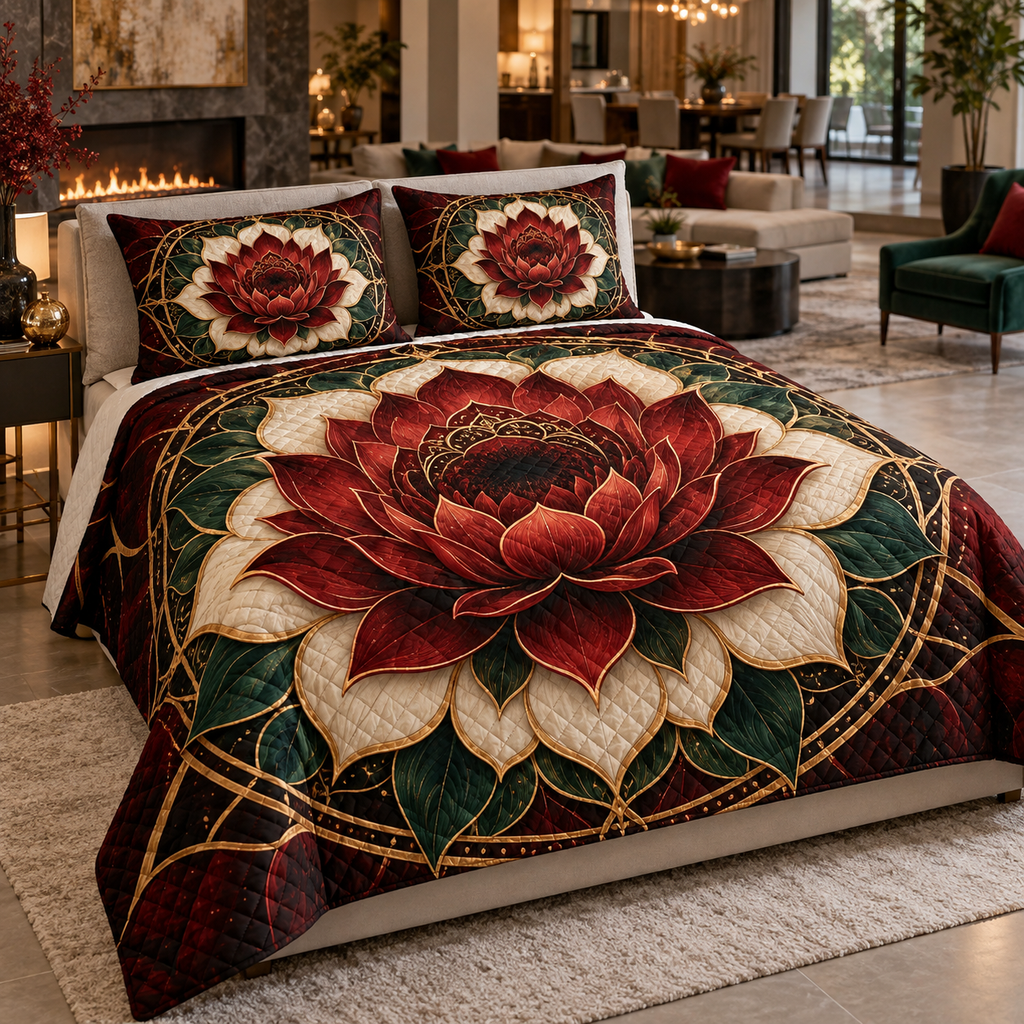 Red Lotus Mandala Living Room Quilted Bedding Set with flat printed optical 3D lotus mandala in scarlet black cherry ivory emerald and champagne gold