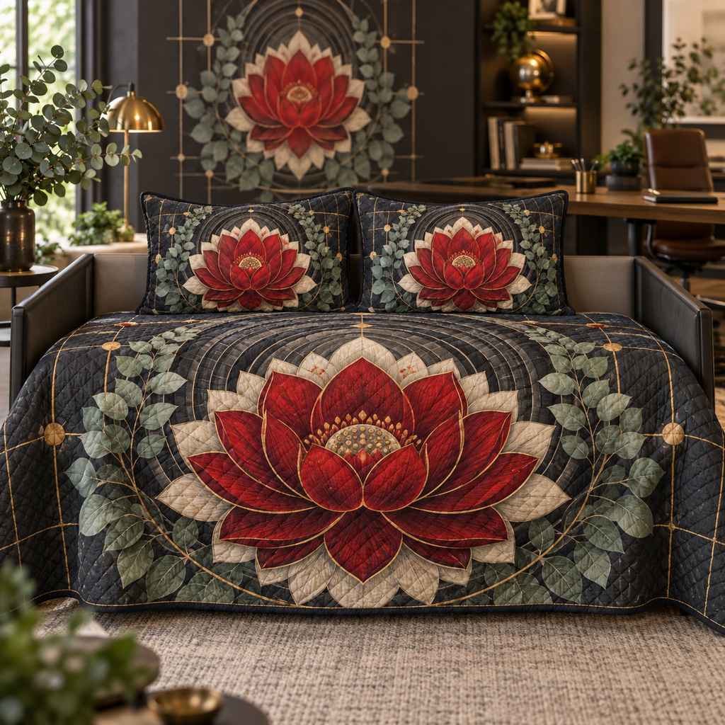 Red Lotus Mandala Home Office Quilted Bedding Set with flat printed optical 3D lotus mandala in charcoal cardinal red ivory eucalyptus and brass